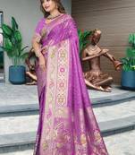 Lavender Banarasi Satin Silk Saree with Heavy Zari & Thread Work | Wedding & Festive Wear