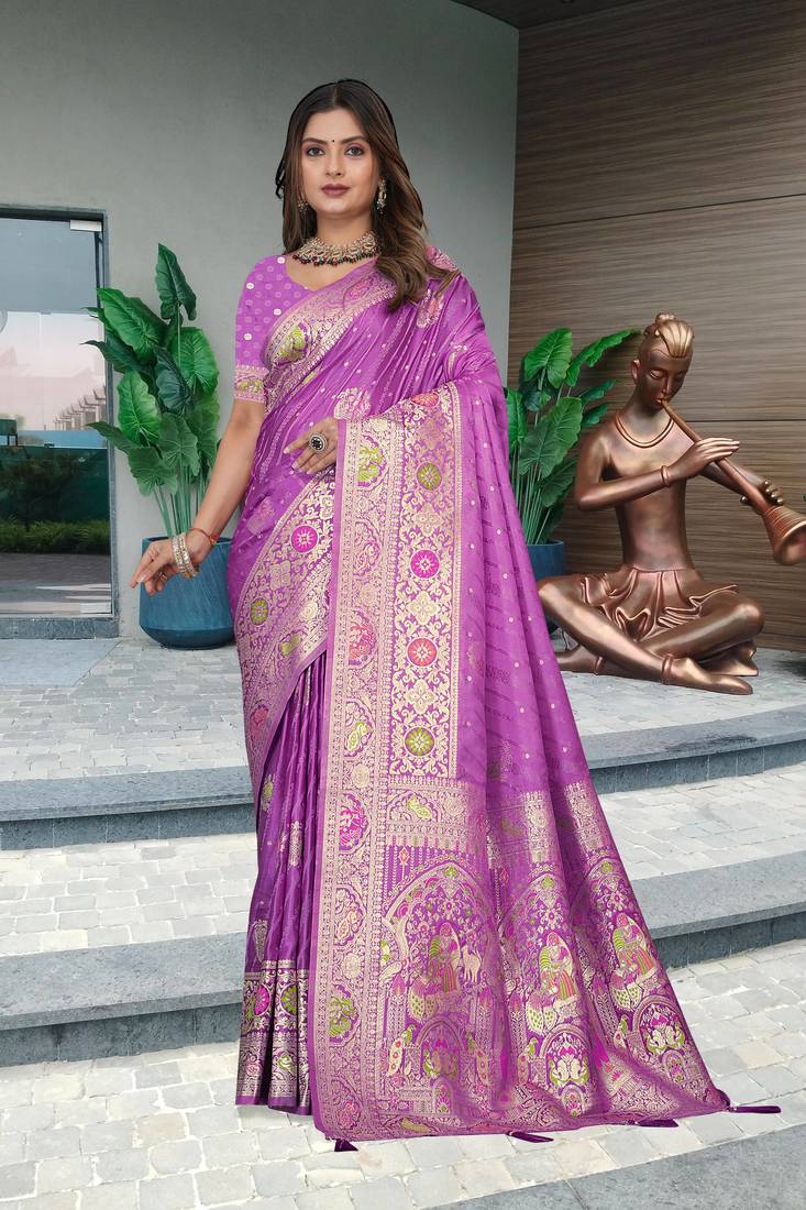 Lavender Banarasi Satin Silk Saree with Heavy Zari & Thread Work | Wedding & Festive Wear