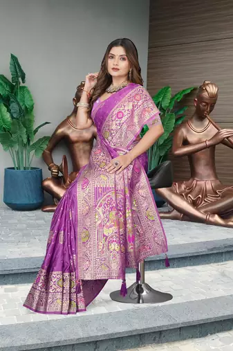 Lavender Banarasi Satin silk blend Saree with Heavy Zari & Thread Work | Wedding & Festive Wear