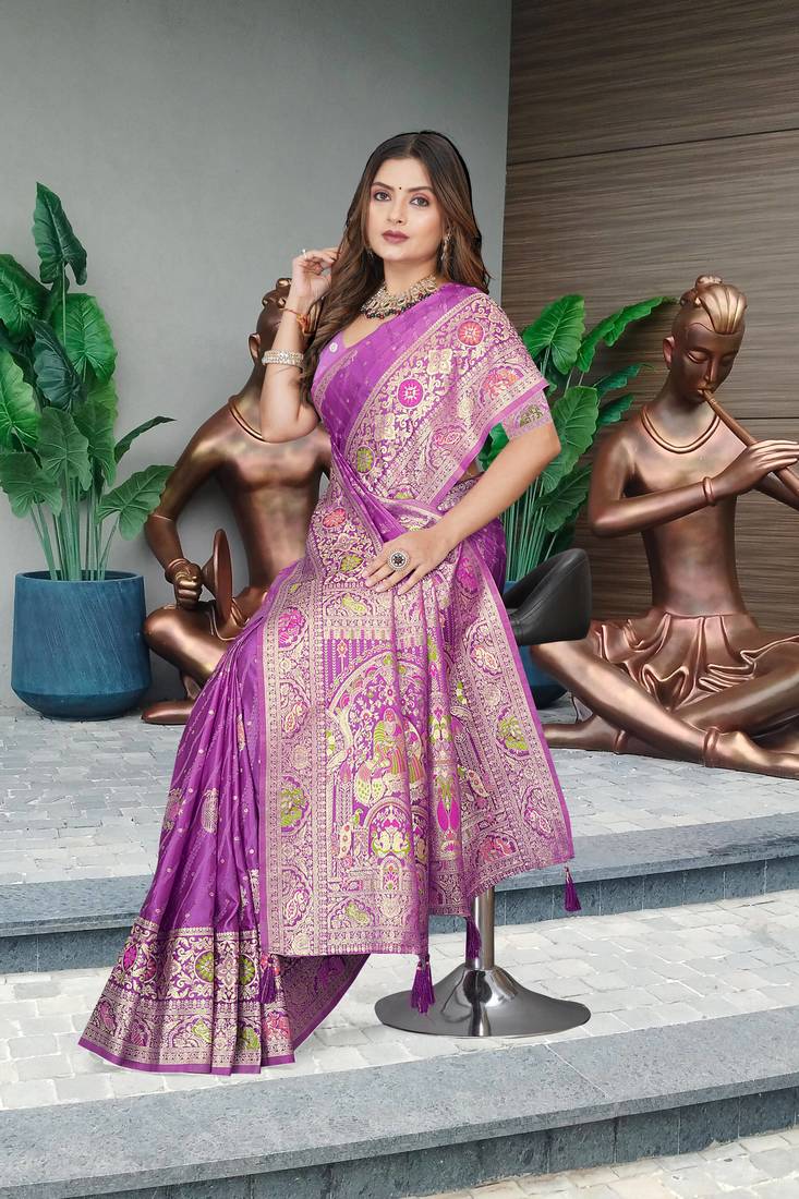 Lavender Banarasi Satin Silk Saree with Heavy Zari & Thread Work | Wedding & Festive Wear