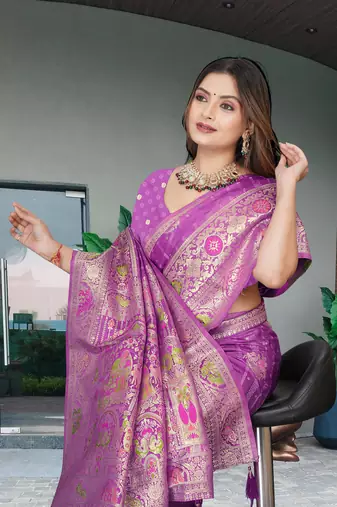 Lavender Banarasi Satin silk blend Saree with Heavy Zari & Thread Work | Wedding & Festive Wear