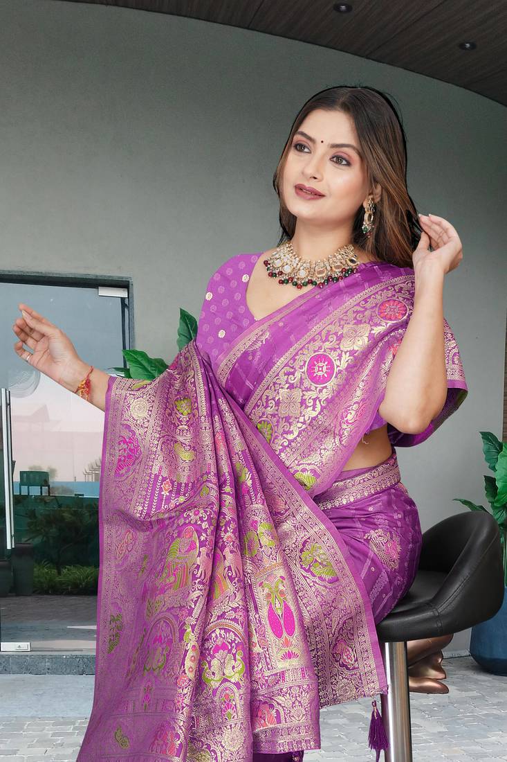 Lavender Banarasi Satin Silk Saree with Heavy Zari & Thread Work | Wedding & Festive Wear