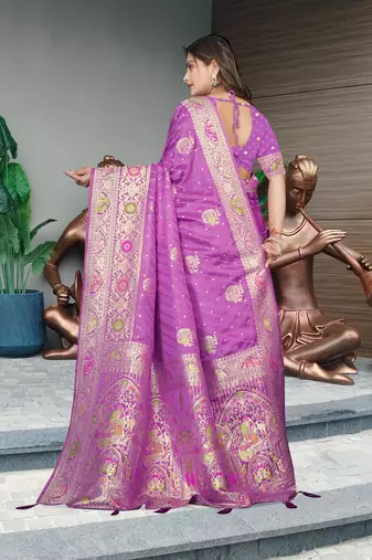 Lavender Banarasi Satin silk blend Saree with Heavy Zari & Thread Work | Wedding & Festive Wear
