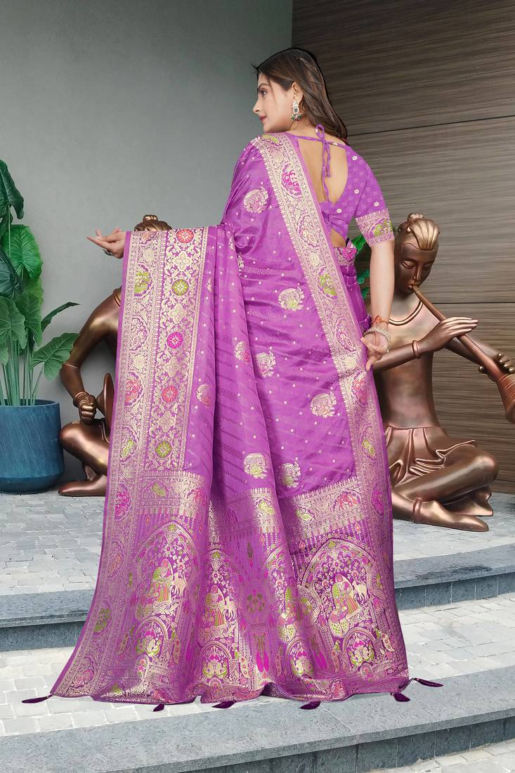 Lavender Banarasi Satin Silk Saree with Heavy Zari & Thread Work | Wedding & Festive Wear