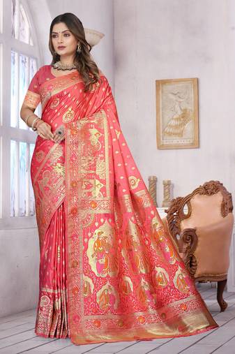 Coral Pink Banarasi Satin Saree with Heavy Zari & Traditional Thread Work | Wedding Wear