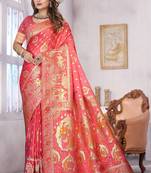 Coral Pink Banarasi Satin Saree with Heavy Zari & Traditional Thread Work | Wedding Wear