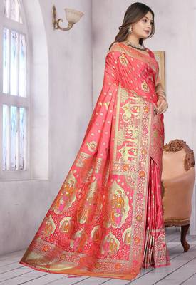 Coral Pink Banarasi Satin Saree with Heavy Zari & Traditional Thread Work | Wedding Wear 2