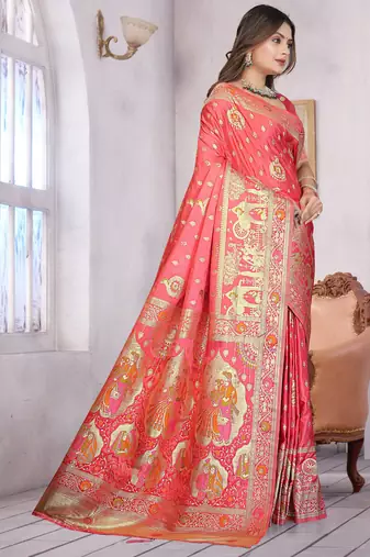 Coral Pink Banarasi Satin Saree with Heavy Zari & Traditional Thread Work | Wedding Wear