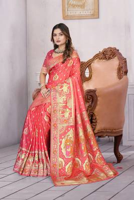 Coral Pink Banarasi Satin Saree with Heavy Zari & Traditional Thread Work | Wedding Wear 3