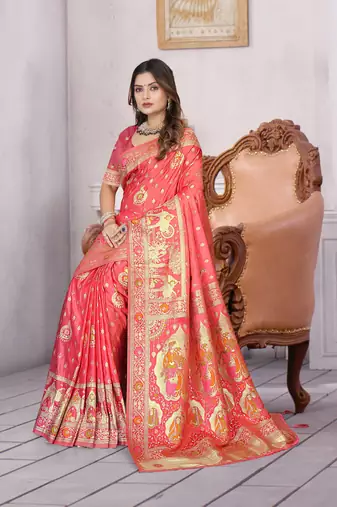 Coral Pink Banarasi Satin Saree with Heavy Zari & Traditional Thread Work | Wedding Wear