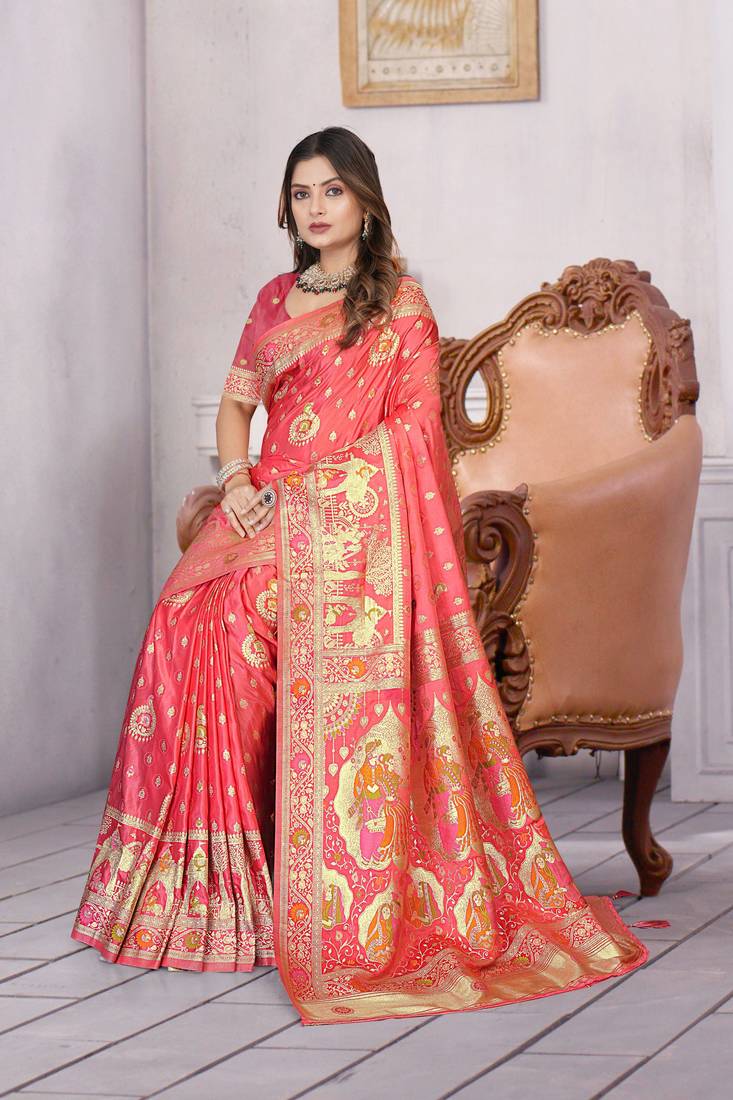 Coral Pink Banarasi Satin Saree with Heavy Zari & Traditional Thread Work | Wedding Wear