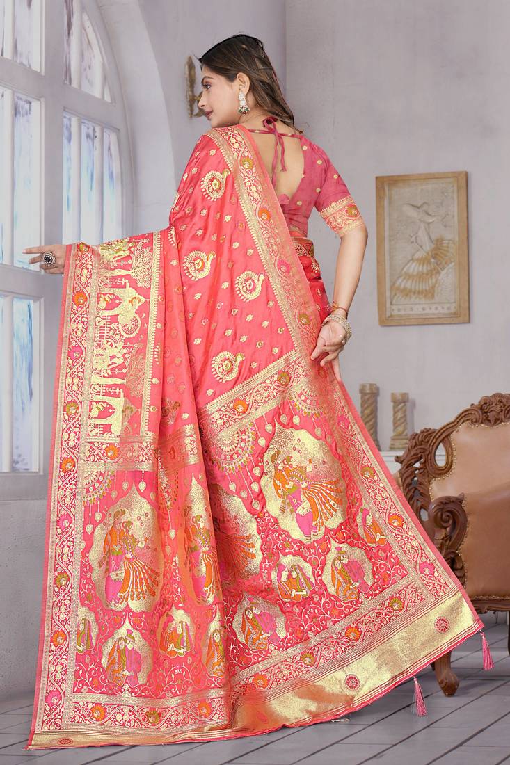 Coral Pink Banarasi Satin Saree with Heavy Zari & Traditional Thread Work | Wedding Wear
