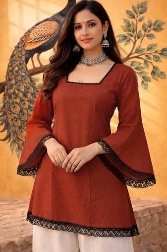 RUST COLOR ROMAN SILK SHORT KURTI     COMFORTABLE & CHIC LOOK