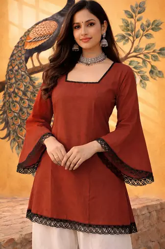 RUST COLOR ROMAN SILK SHORT KURTI     COMFORTABLE & CHIC LOOK