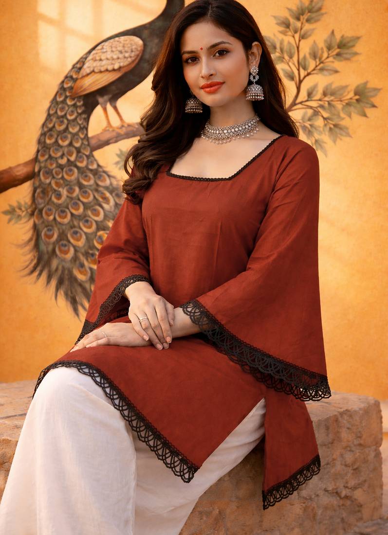 RUST COLOR ROMAN SILK SHORT KURTI     COMFORTABLE & CHIC LOOK