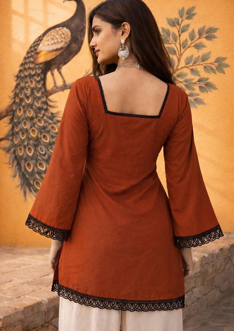 RUST COLOR ROMAN SILK SHORT KURTI     COMFORTABLE & CHIC LOOK