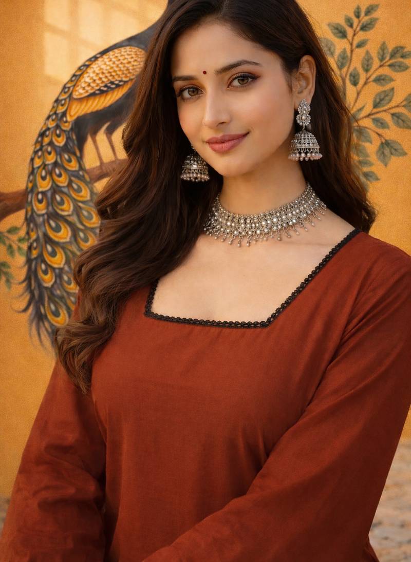 RUST COLOR ROMAN SILK SHORT KURTI     COMFORTABLE & CHIC LOOK