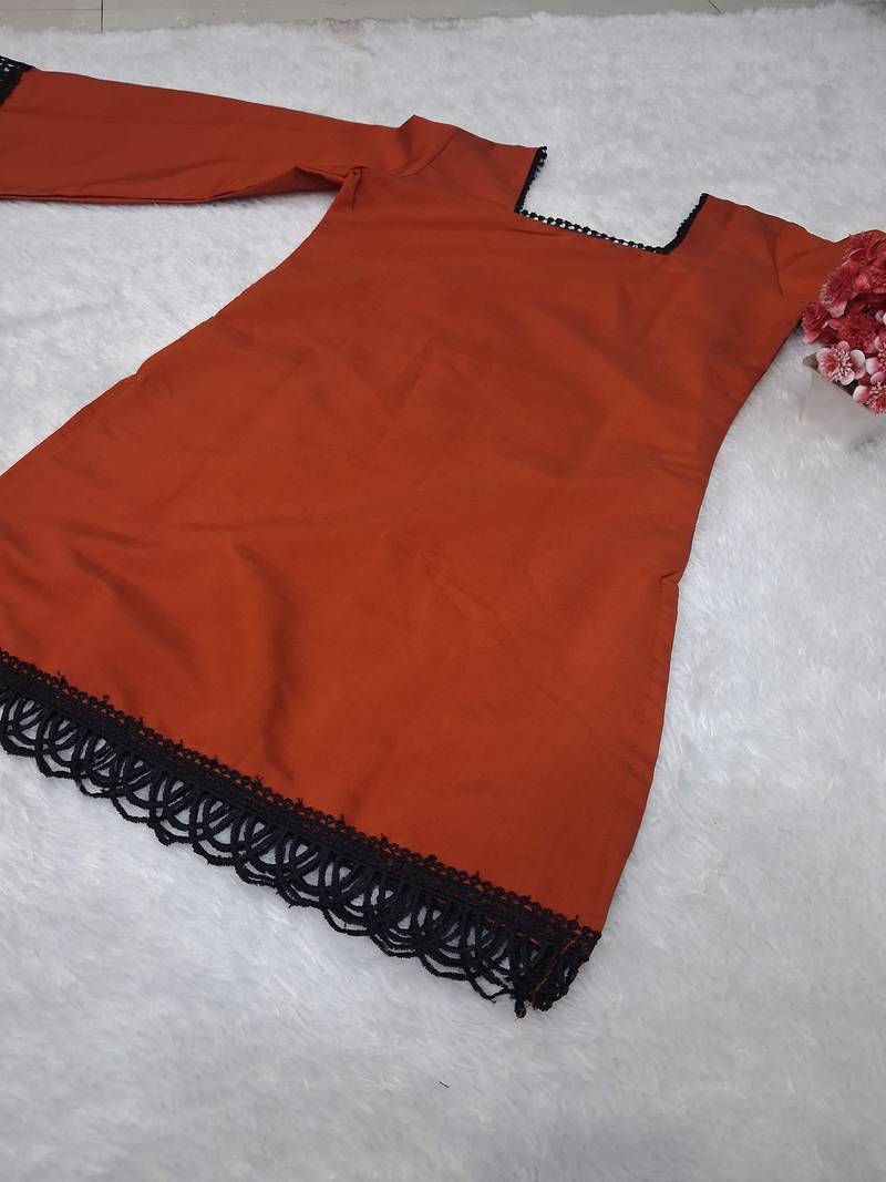 RUST COLOR ROMAN SILK SHORT KURTI     COMFORTABLE & CHIC LOOK