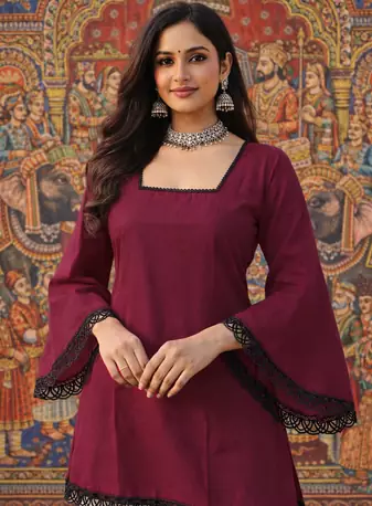 LIPSTICK  COLOR ROMAN SILK SHORT KURTI     COMFORTABLE & CHIC LOOK 