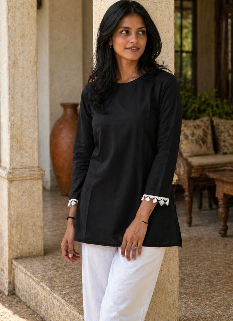 BLACK  ROMAN SILK SHORT KURTI     COMFORTABLE & STYLISH LOOK
