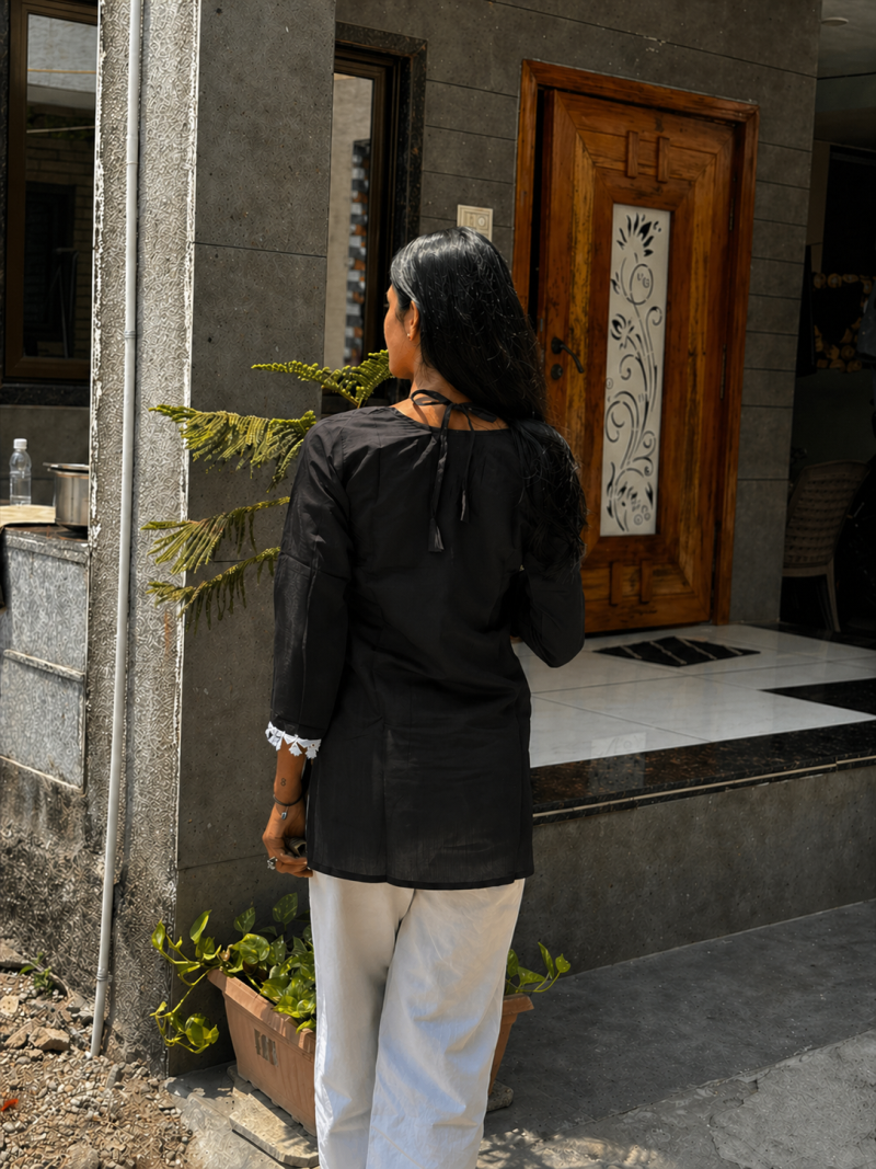 BLACK  ROMAN SILK SHORT KURTI     COMFORTABLE & STYLISH LOOK
