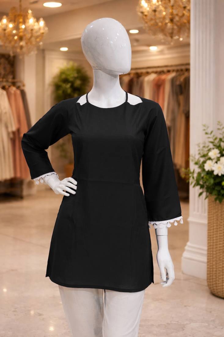 BLACK  ROMAN SILK SHORT KURTI     COMFORTABLE & STYLISH LOOK