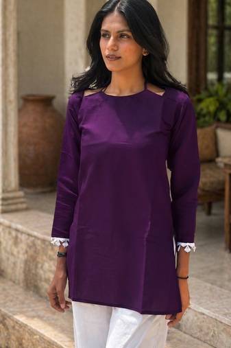 WINE  ROMAN SILK SHORT KURTI     COMFORTABLE & STYLISH LOOK 