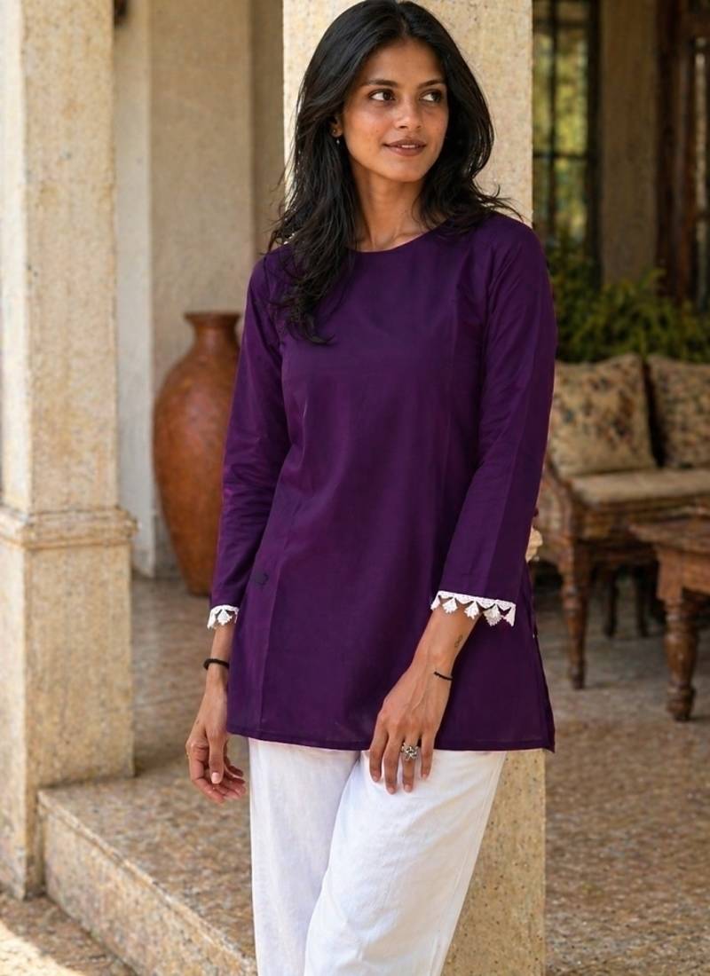 WINE  ROMAN SILK SHORT KURTI     COMFORTABLE & STYLISH LOOK 