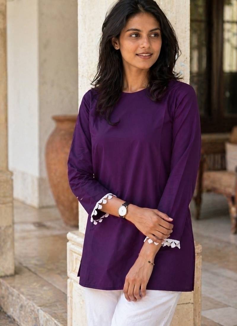 WINE  ROMAN SILK SHORT KURTI     COMFORTABLE & STYLISH LOOK 