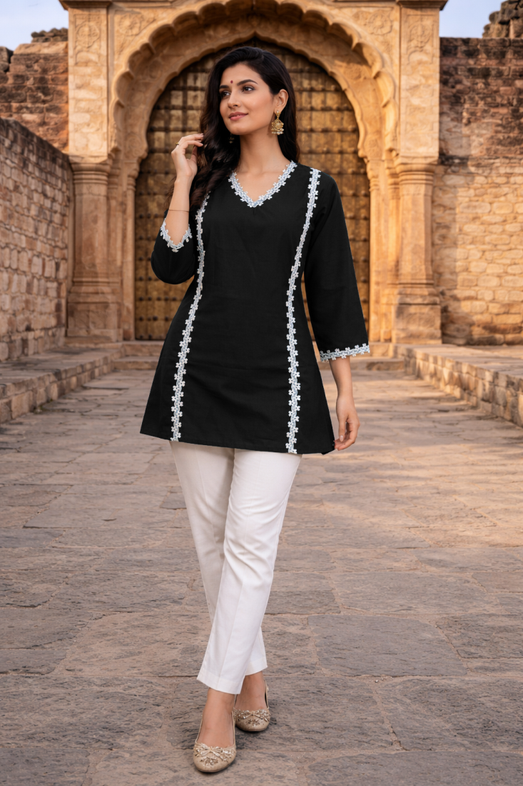 BLACK  ROMAN SILK SHORT KURTI     COMFORTABLE & STYLISH LOOK