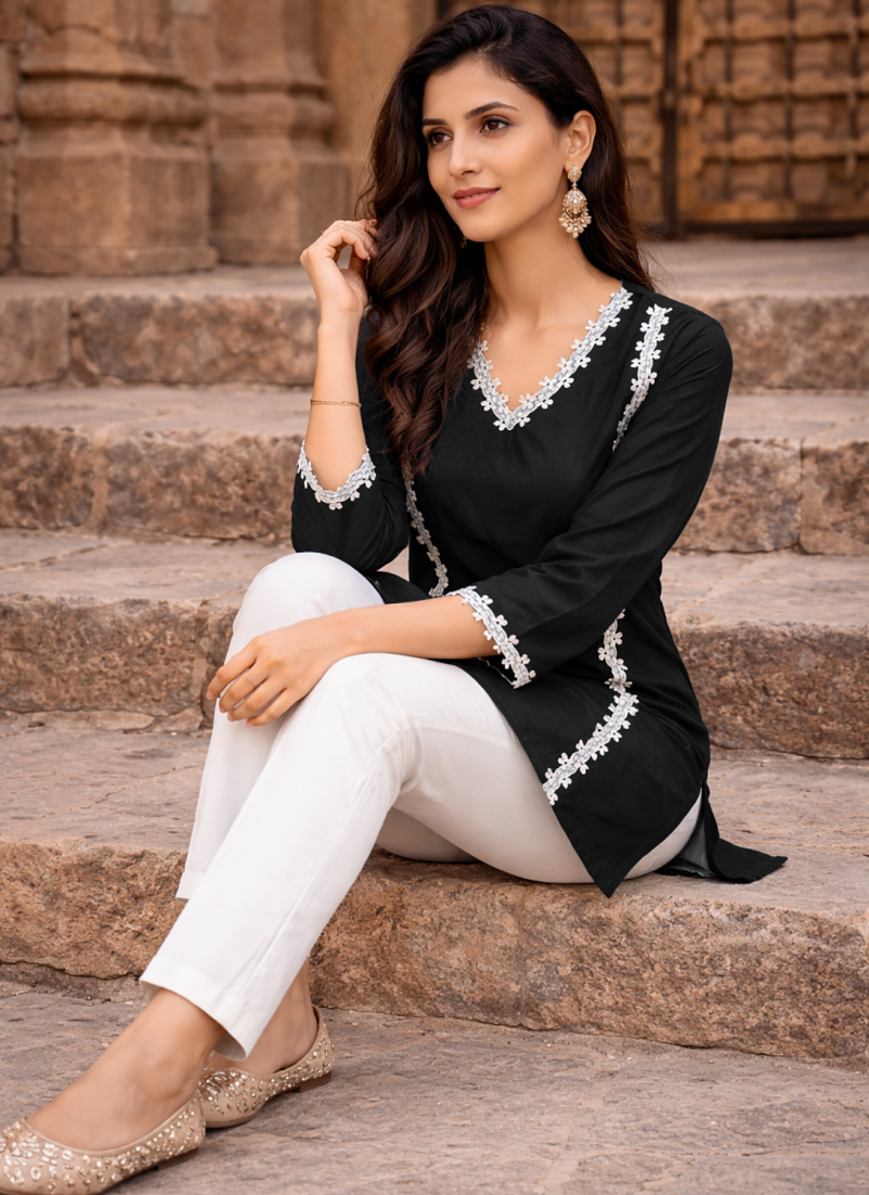 BLACK  ROMAN SILK SHORT KURTI     COMFORTABLE & STYLISH LOOK