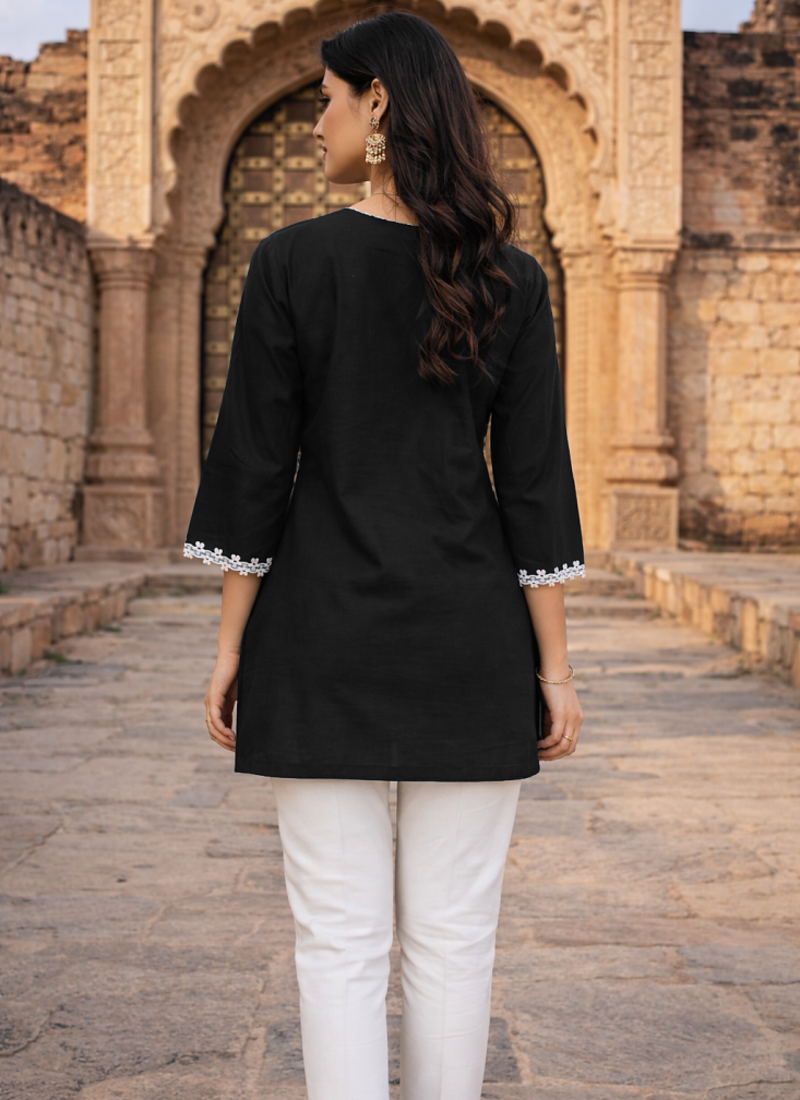 BLACK  ROMAN SILK SHORT KURTI     COMFORTABLE & STYLISH LOOK