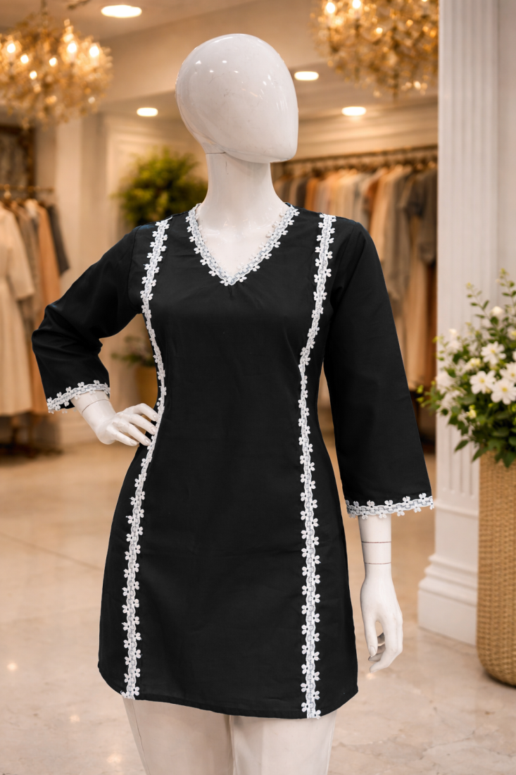 BLACK  ROMAN SILK SHORT KURTI     COMFORTABLE & STYLISH LOOK