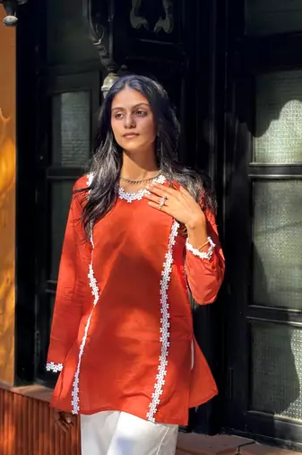 RUST  ROMAN SILK SHORT KURTI     COMFORTABLE & STYLISH LOOK