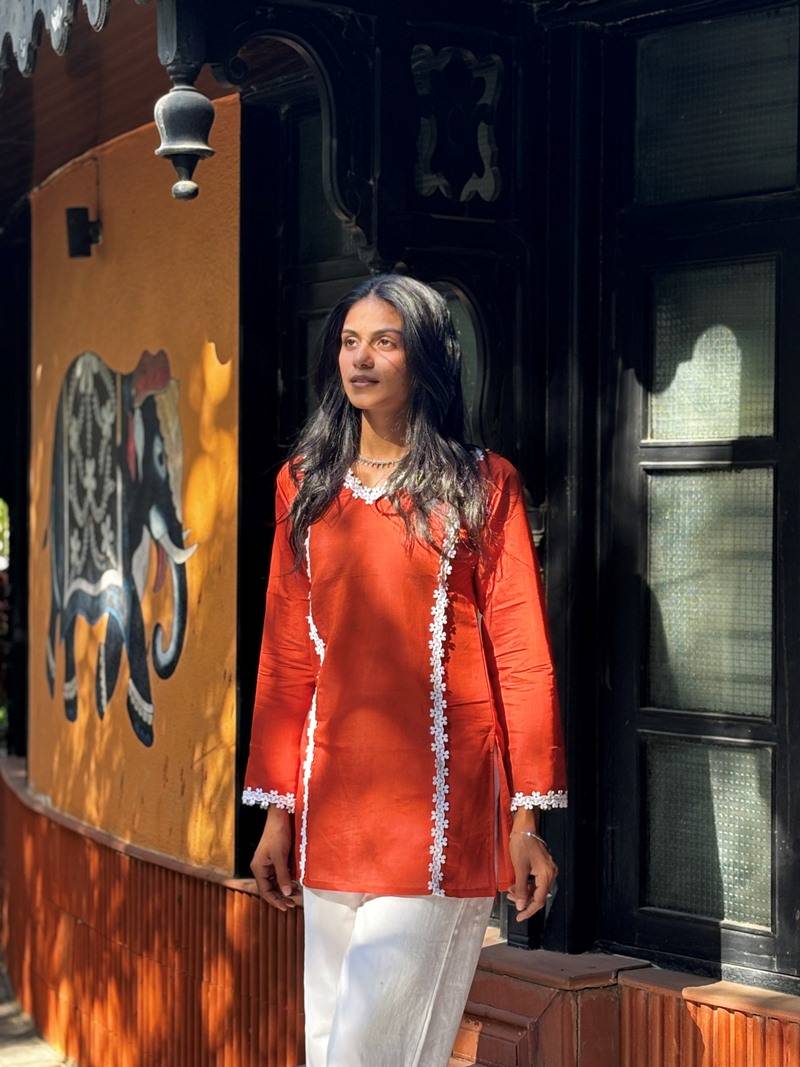 RUST  ROMAN SILK SHORT KURTI     COMFORTABLE & STYLISH LOOK