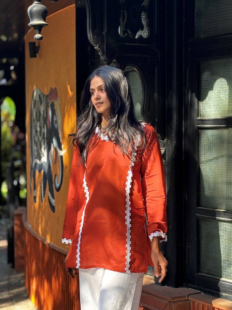 RUST  ROMAN SILK SHORT KURTI     COMFORTABLE & STYLISH LOOK