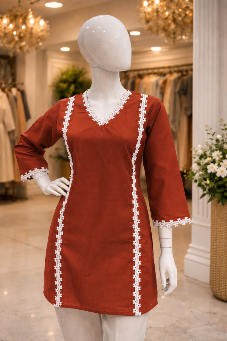 RUST  ROMAN SILK SHORT KURTI     COMFORTABLE & STYLISH LOOK