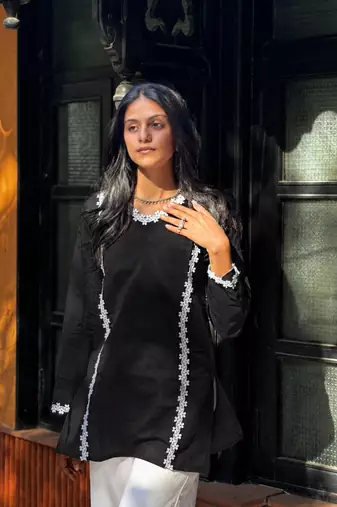 BLACK  ROMAN SILK SHORT KURTI     COMFORTABLE & STYLISH LOOK