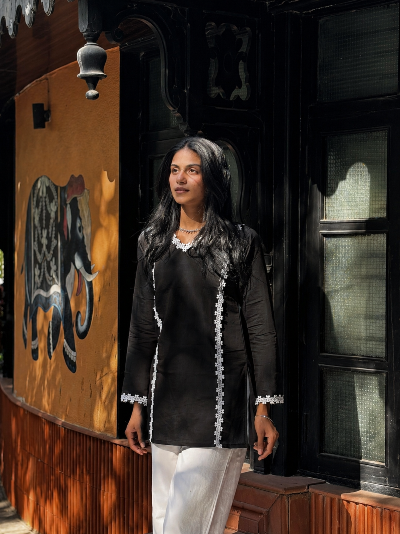 BLACK  ROMAN SILK SHORT KURTI     COMFORTABLE & STYLISH LOOK
