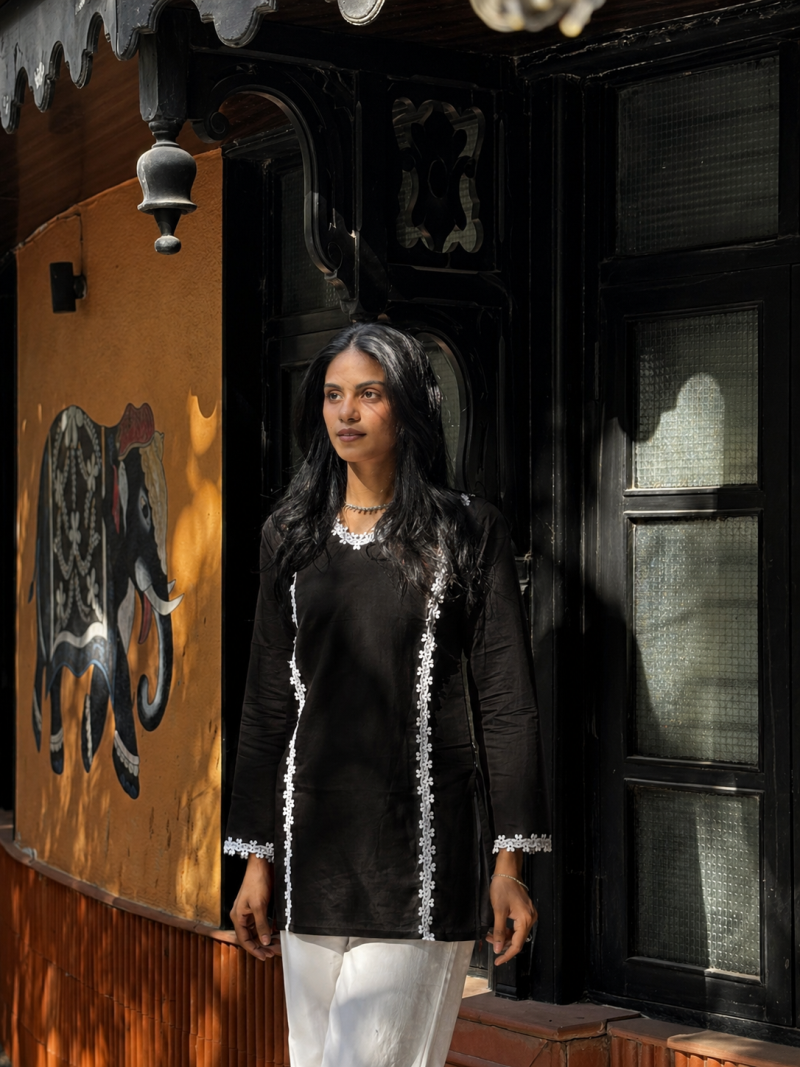 BLACK  ROMAN SILK SHORT KURTI     COMFORTABLE & STYLISH LOOK