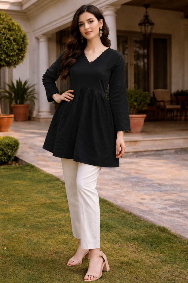 BLACK  ROMAN SILK SHORT KURTI     COMFORTABLE & STYLISH LOOK