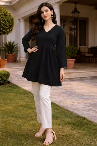 BLACK  ROMAN SILK SHORT KURTI     COMFORTABLE & STYLISH LOOK