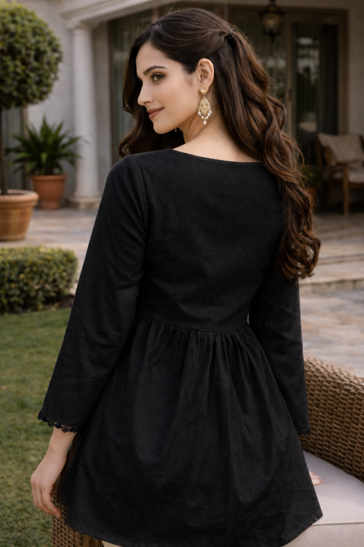 BLACK  ROMAN SILK SHORT KURTI     COMFORTABLE & STYLISH LOOK