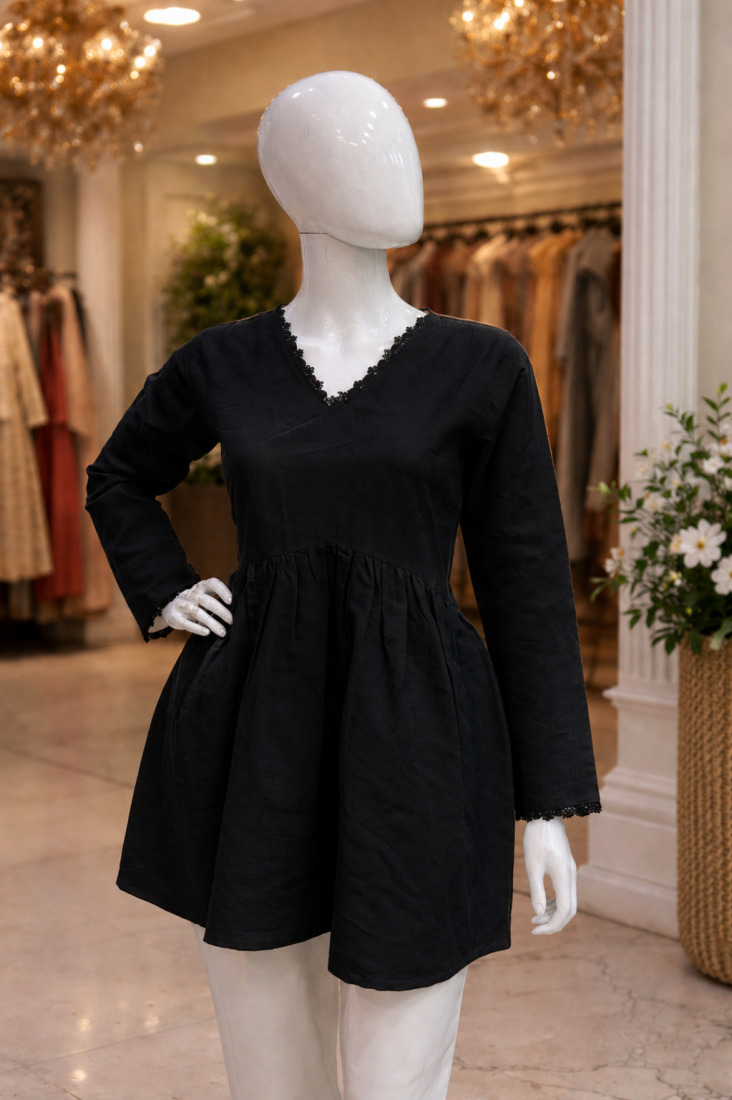 BLACK  ROMAN SILK SHORT KURTI     COMFORTABLE & STYLISH LOOK