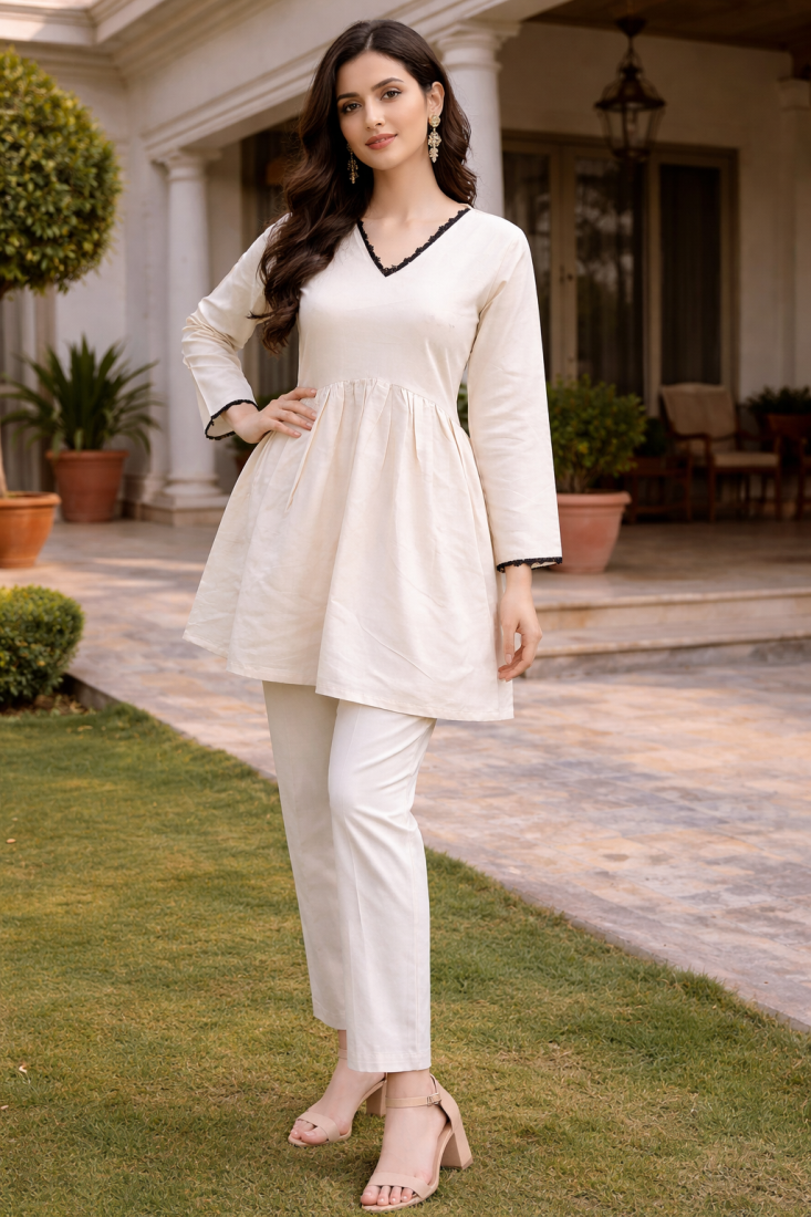 OFF WHITE  ROMAN SILK SHORT KURTI     COMFORTABLE & STYLISH LOOK