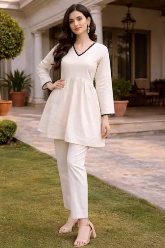 OFF WHITE  ROMAN SILK SHORT KURTI     COMFORTABLE & STYLISH LOOK