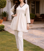OFF WHITE  ROMAN SILK SHORT KURTI     COMFORTABLE & STYLISH LOOK