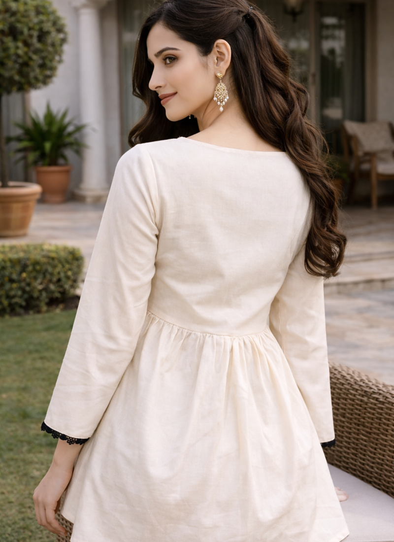 OFF WHITE  ROMAN SILK SHORT KURTI     COMFORTABLE & STYLISH LOOK