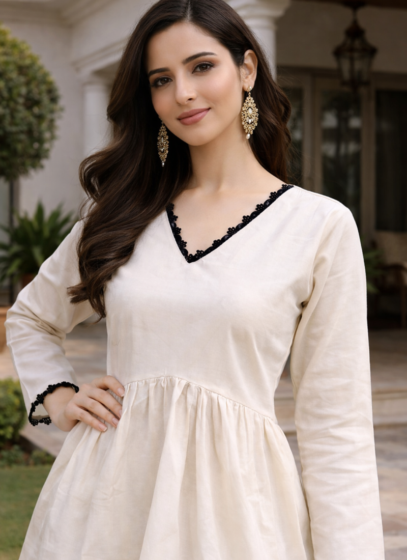 OFF WHITE  ROMAN SILK SHORT KURTI     COMFORTABLE & STYLISH LOOK