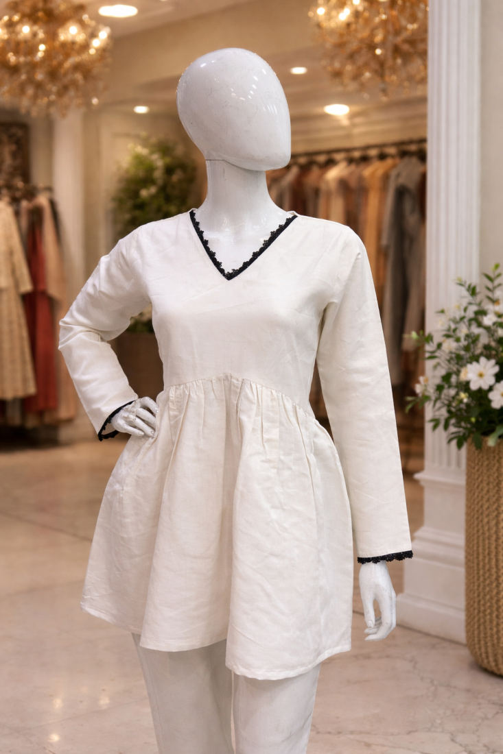 OFF WHITE  ROMAN SILK SHORT KURTI     COMFORTABLE & STYLISH LOOK